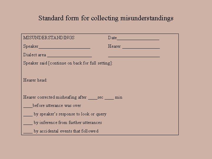 Standard form for collecting misunderstandings MISUNDERSTANDINGS Date_________ Speaker___________ Hearer ________ Dialect area ______________________ Speaker