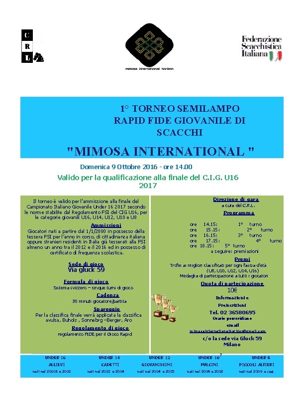 1° TORNEO SEMILAMPO RAPID FIDE GIOVANILE DI SCACCHI "MIMOSA INTERNATIONAL " Domenica 9 Ottobre