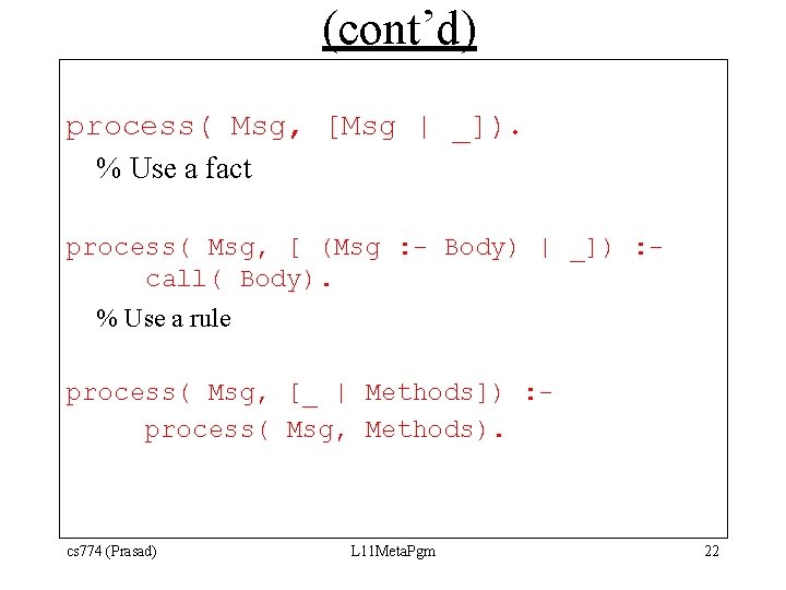 (cont’d) process( Msg, [Msg | _]). % Use a fact process( Msg, [ (Msg