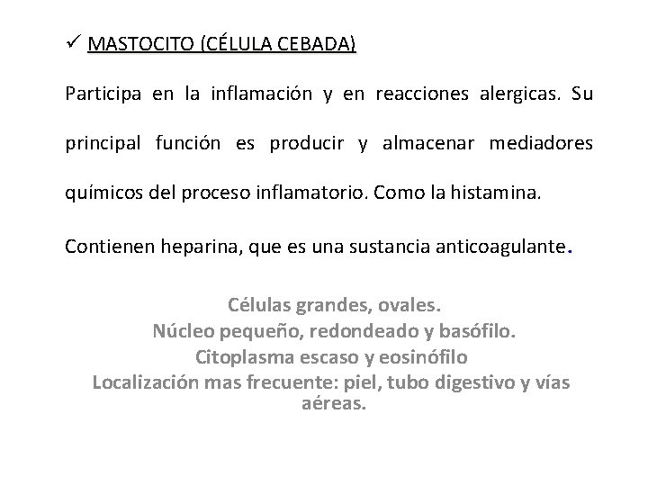 ü MASTOCITO (CÉLULA CEBADA) Participa en la inflamación y en reacciones alergicas. Su principal