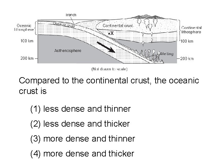 Compared to the continental crust, the oceanic crust is (1) less dense and thinner