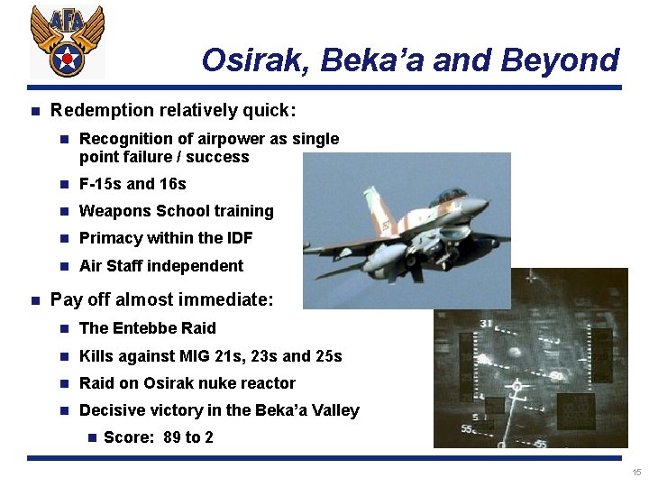 Osirak, Beka’a and Beyond n n Redemption relatively quick: n Recognition of airpower as