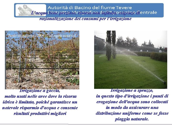 L’acqua bene prezioso, risorsa non infinita, esigenze di razionalizzazione dei consumi per l’irrigazione Irrigazione