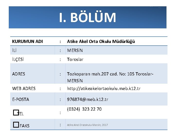 I. BÖLÜM KURUMUN ADI : Atike Akel Orta Okulu Müdürlüğü İLİ : MERSİN İLÇESİ