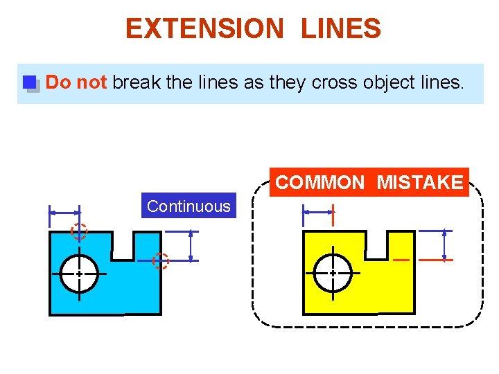 EXTENSION LINES Do not break the lines as they cross object lines. COMMON MISTAKE