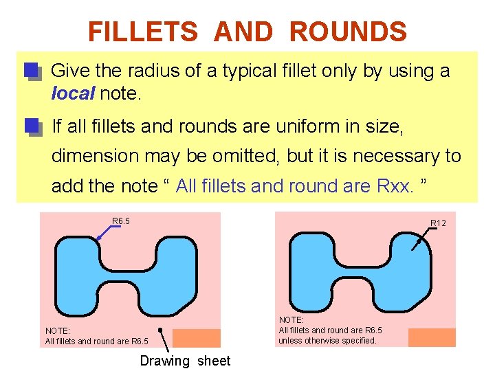 FILLETS AND ROUNDS Give the radius of a typical fillet only by using a