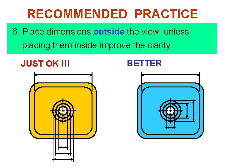 RECOMMENDED PRACTICE 6. Place dimensions outside the view, unless placing them inside improve the