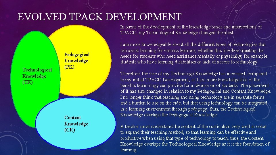 EVOLVED TPACK DEVELOPMENT In terms of the development of the knowledge bases and intersections