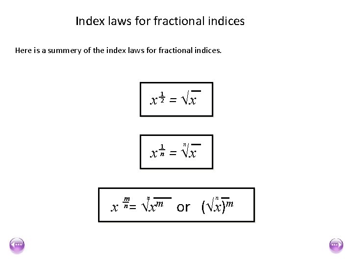 Index laws for fractional indices Here is a summery of the index laws for