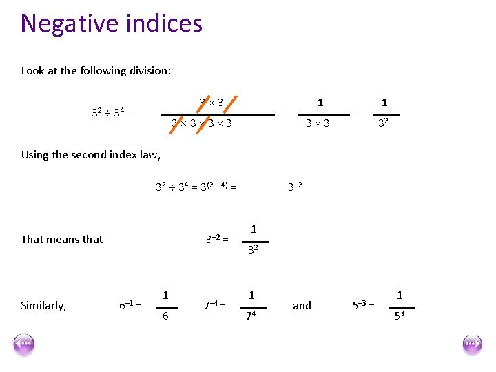 Negative indices Look at the following division: 32 ÷ 34 3× 3 = 1