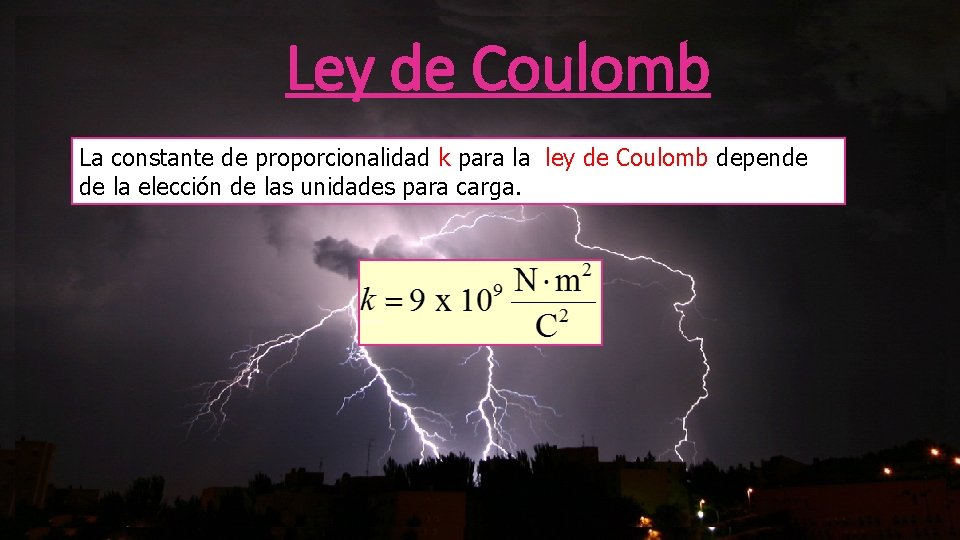 Ley de Coulomb La constante de proporcionalidad k para la ley de Coulomb depende