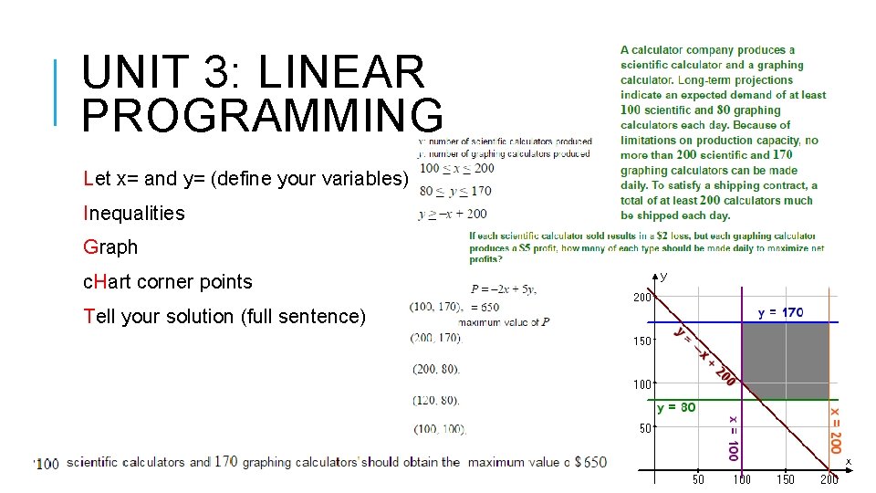 UNIT 3: LINEAR PROGRAMMING Let x= and y= (define your variables) Inequalities Graph c.