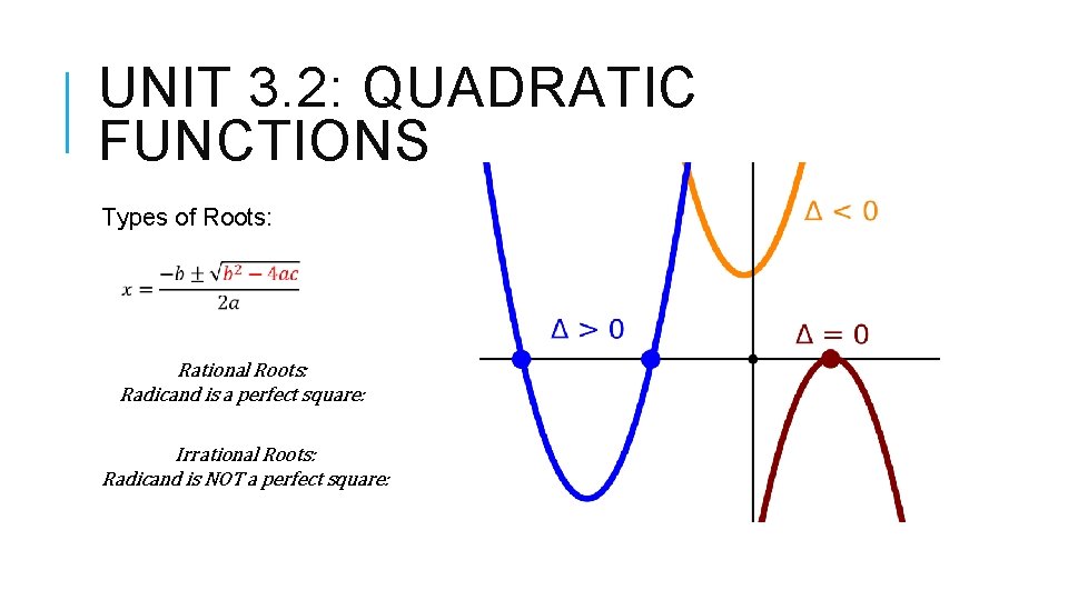 UNIT 3. 2: QUADRATIC FUNCTIONS Types of Roots: Rational Roots: Radicand is a perfect