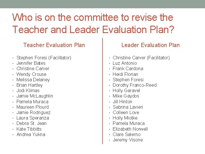 Who is on the committee to revise the Teacher and Leader Evaluation Plan? Teacher