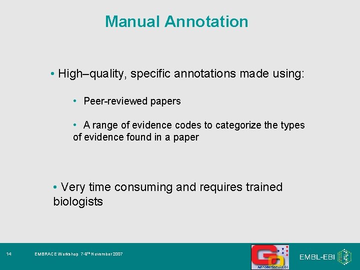 Manual Annotation • High–quality, specific annotations made using: • Peer-reviewed papers • A range