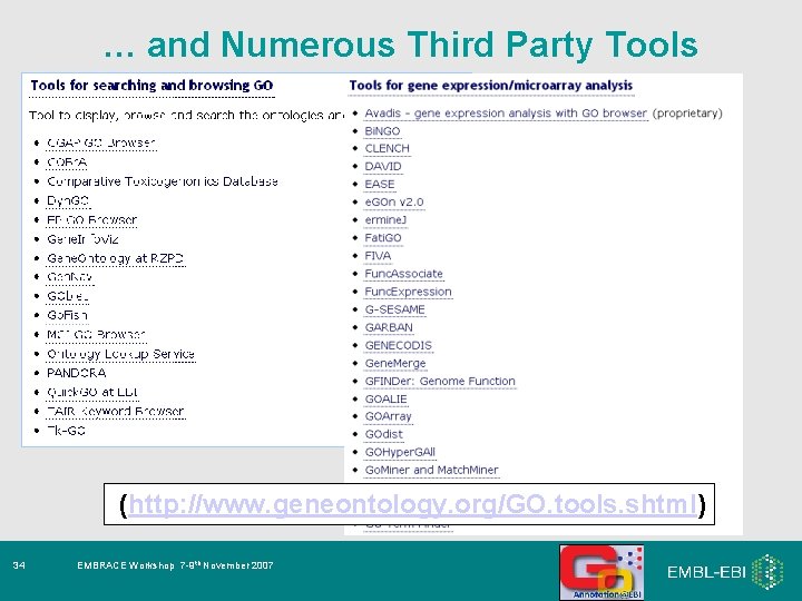 … and Numerous Third Party Tools (http: //www. geneontology. org/GO. tools. shtml) 34 EMBRACE