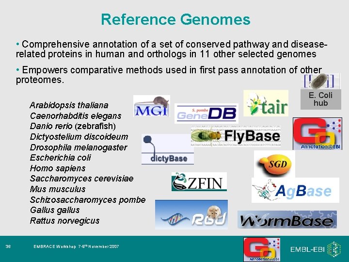 Reference Genomes • Comprehensive annotation of a set of conserved pathway and diseaserelated proteins