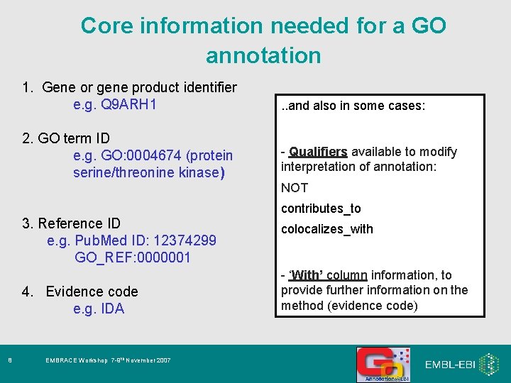 Core information needed for a GO annotation 1. Gene or gene product identifier e.