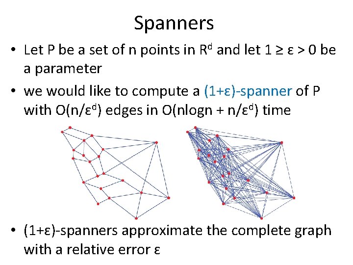 Spanners • Let P be a set of n points in Rd and let