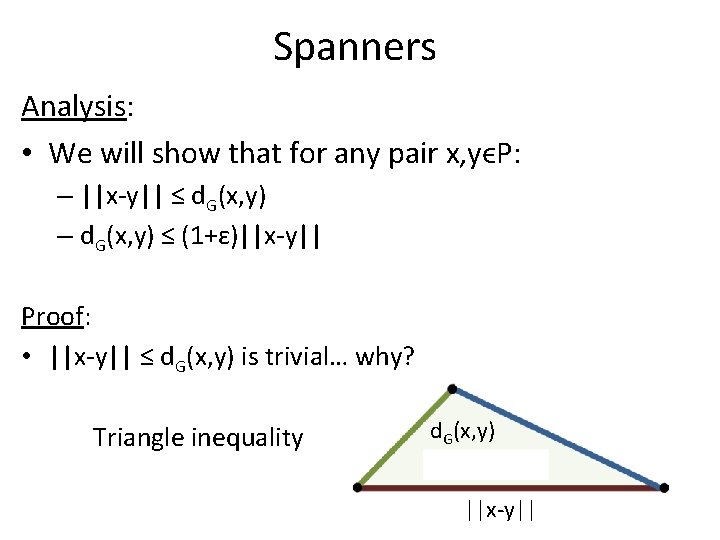 Spanners Analysis: • We will show that for any pair x, yϵP: – ||x-y||