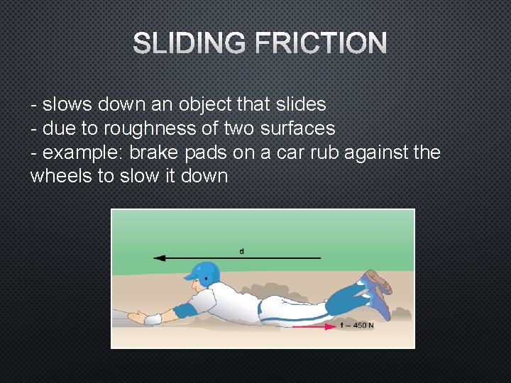 SLIDING FRICTION - slows down an object that slides - due to roughness of