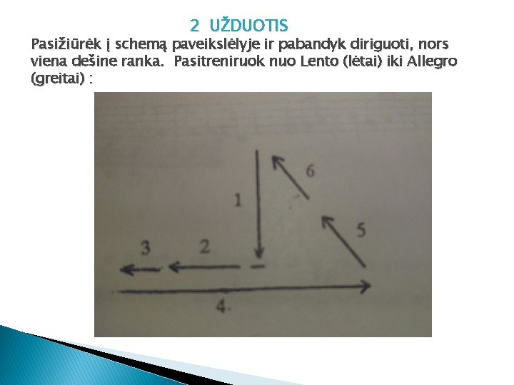 2 UŽDUOTIS Pasižiūrėk į schemą paveikslėlyje ir pabandyk diriguoti, nors viena dešine ranka. Pasitreniruok