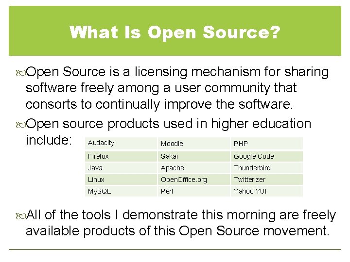 What Is Open Source? Open Source is a licensing mechanism for sharing software freely