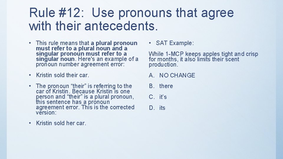 Rule #12: Use pronouns that agree with their antecedents. • This rule means that