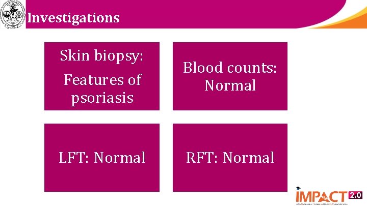 Investigations Skin biopsy: Features of psoriasis LFT: Normal Blood counts: Normal 7 RFT: Normal