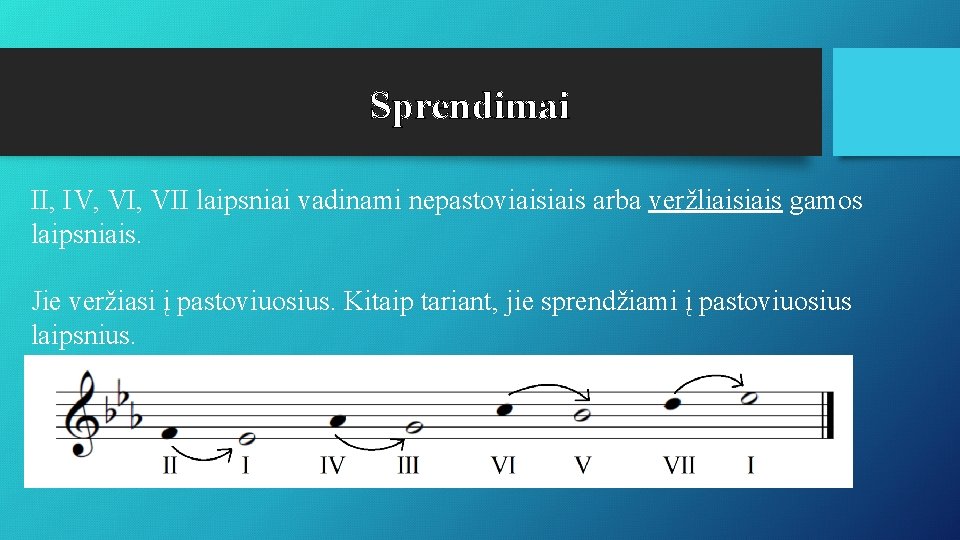 Sprendimai II, IV, VII laipsniai vadinami nepastoviais arba veržliais gamos laipsniais. Jie veržiasi į