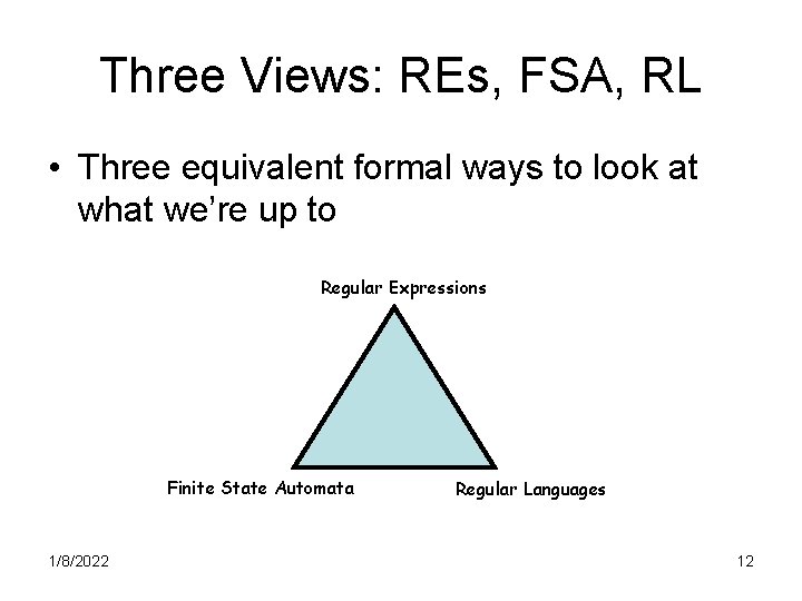 Three Views: REs, FSA, RL • Three equivalent formal ways to look at what