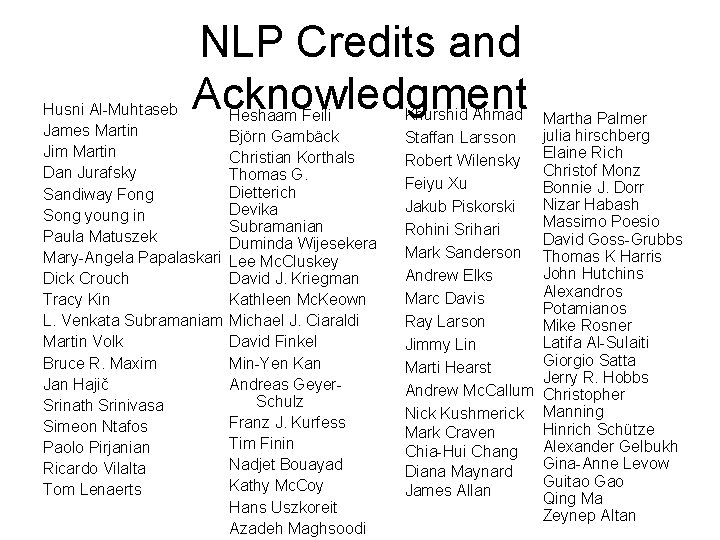 NLP Credits and Acknowledgment Husni Al-Muhtaseb James Martin Jim Martin Dan Jurafsky Sandiway Fong