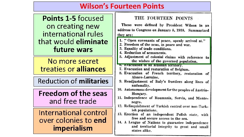 Wilson’s Fourteen Points 1 -5 focused on creating new international rules that would eliminate