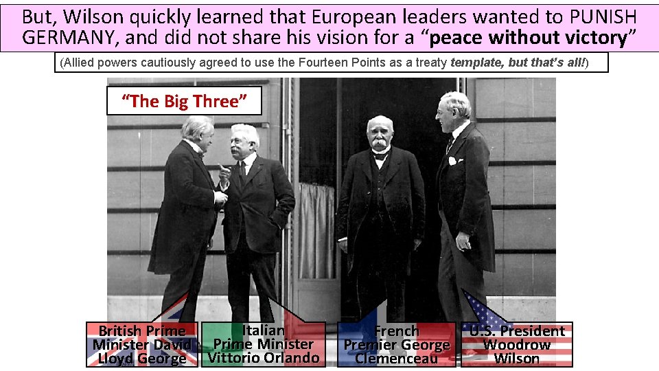 But, Wilson quickly learned that European leaders wanted to PUNISH GERMANY, and did not