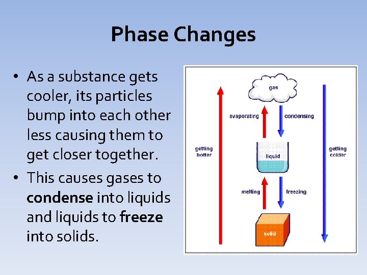 Phase Changes • As a substance gets cooler, its particles bump into each other