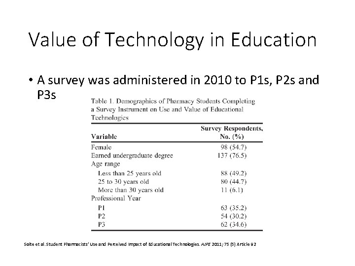 Value of Technology in Education • A survey was administered in 2010 to P