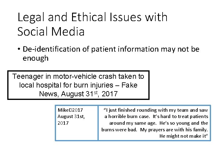 Legal and Ethical Issues with Social Media • De-identification of patient information may not
