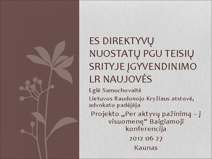 ES DIREKTYVŲ NUOSTATŲ PGU TEISIŲ SRITYJE ĮGYVENDINIMO LR NAUJOVĖS Eglė Samuchovaitė Lietuvos Raudonojo Kryžiaus