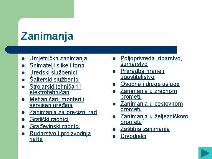 Zanimanja l l l l l Umjetnička zanimanja Snimatelji slike i tona Uredski službenici