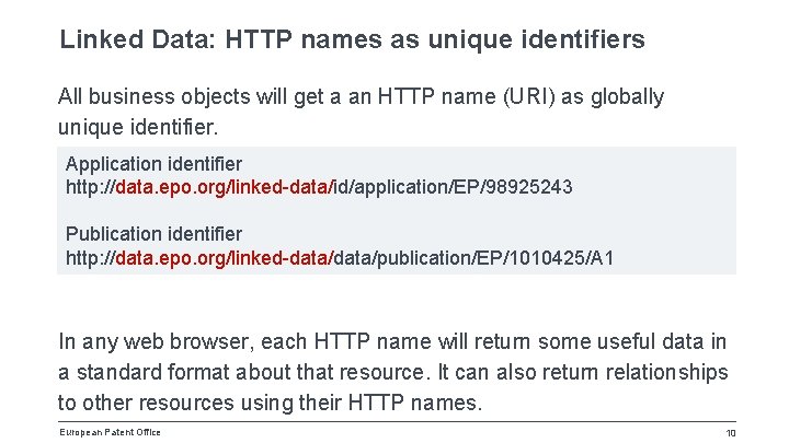 Linked Data: HTTP names as unique identifiers All business objects will get a an