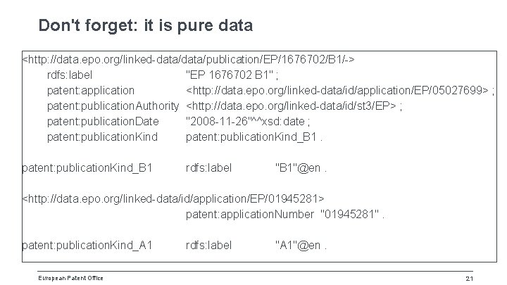 Don't forget: it is pure data <http: //data. epo. org/linked-data/publication/EP/1676702/B 1/-> rdfs: label "EP