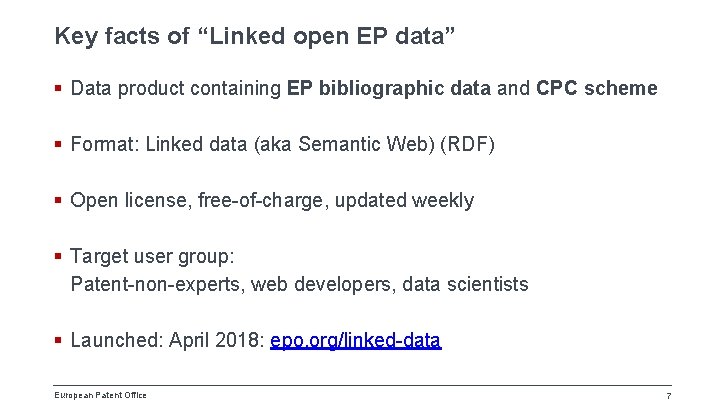 Key facts of “Linked open EP data” § Data product containing EP bibliographic data