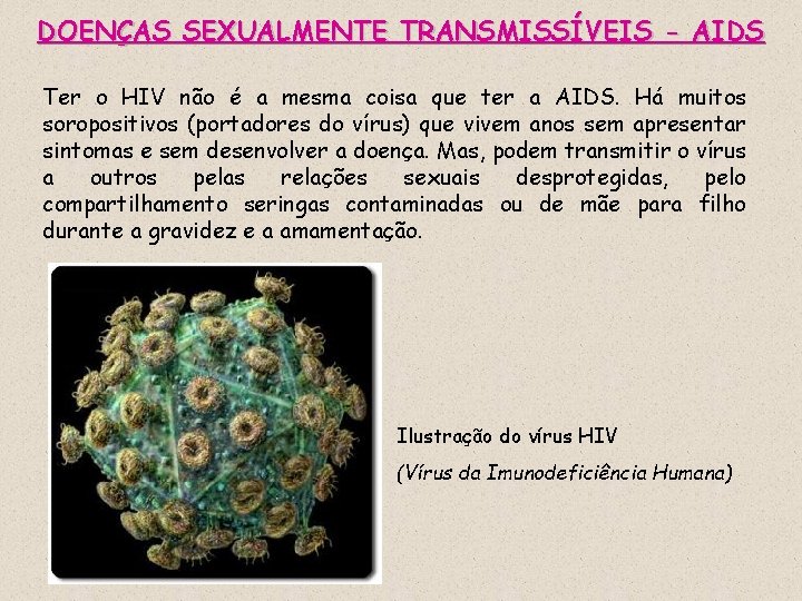 DOENÇAS SEXUALMENTE TRANSMISSÍVEIS - AIDS Ter o HIV não é a mesma coisa que