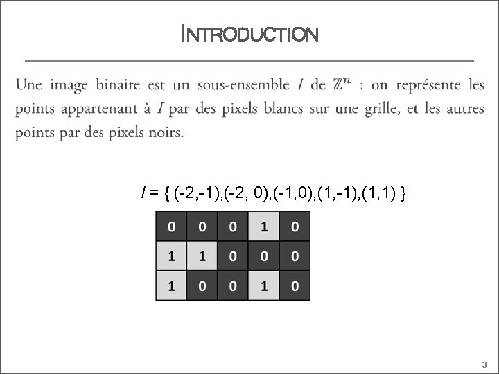 INTRODUCTION I = { (-2, -1), (-2, 0), (-1, 0), (1, -1), (1, 1)