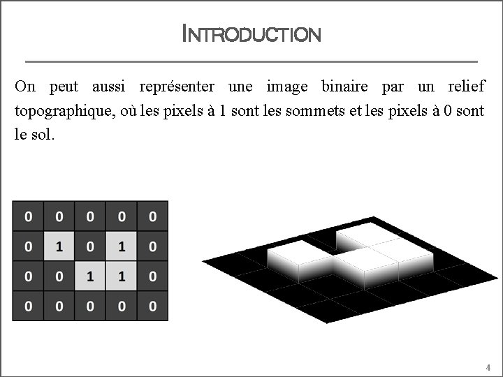 INTRODUCTION On peut aussi représenter une image binaire par un relief topographique, où les