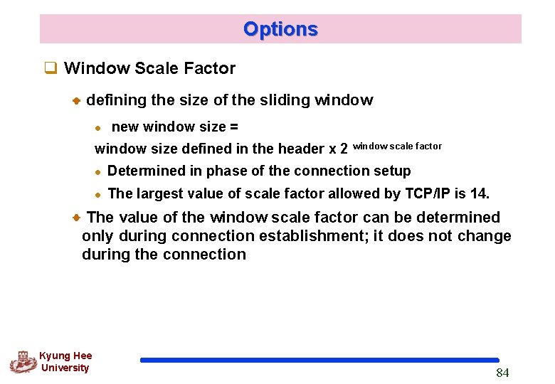 Options q Window Scale Factor defining the size of the sliding window l new