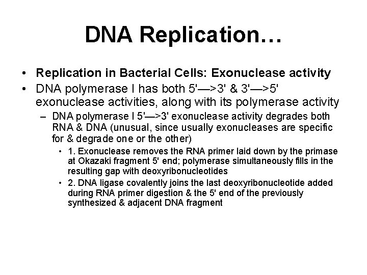 DNA Replication… • Replication in Bacterial Cells: Exonuclease activity • DNA polymerase I has