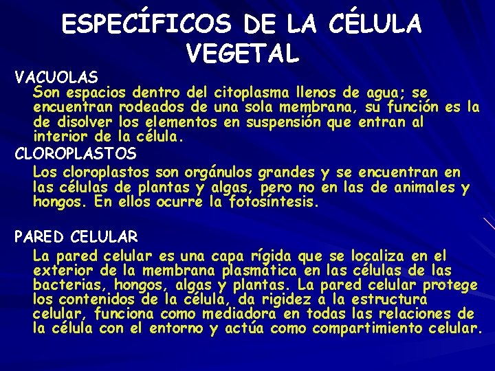 ESPECÍFICOS DE LA CÉLULA VEGETAL VACUOLAS Son espacios dentro del citoplasma llenos de agua;