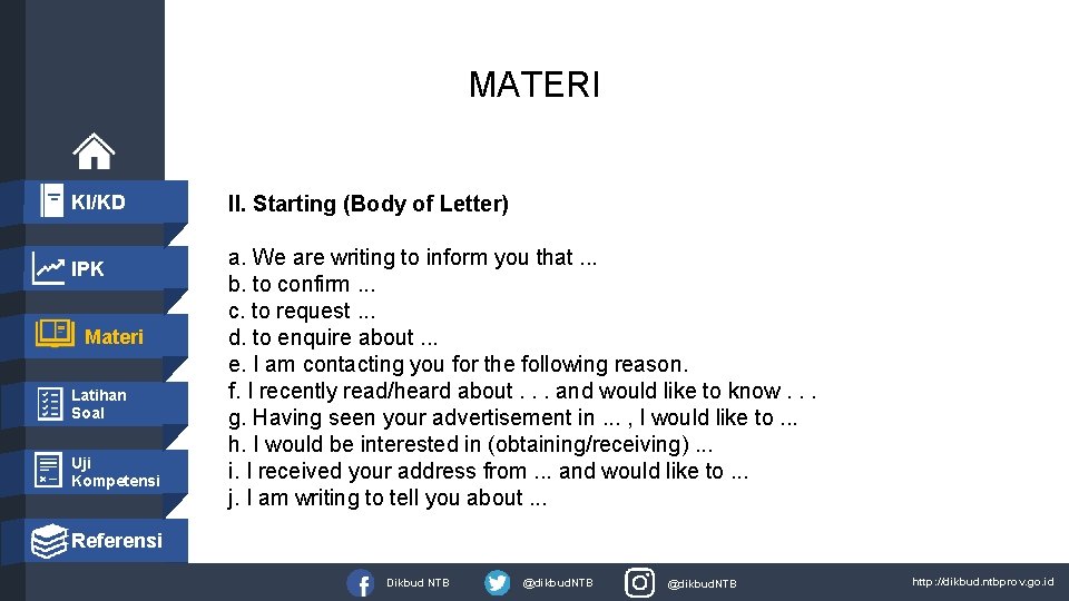 MATERI KI/KD IPK Materi Latihan Soal Uji Kompetensi II. Starting (Body of Letter) a.