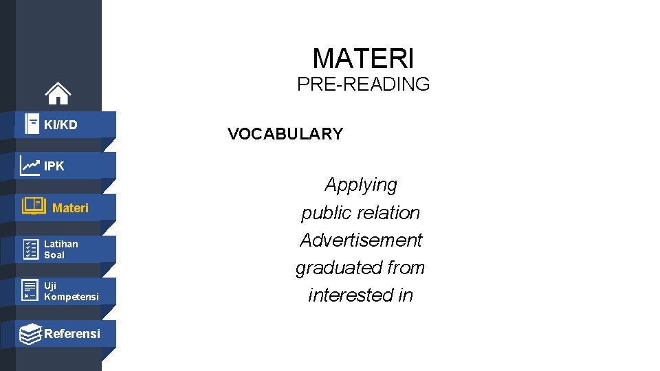 MATERI PRE-READING KI/KD VOCABULARY IPK Materi Latihan Soal Uji Kompetensi Applying public relation Advertisement